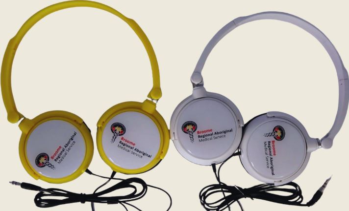 white and yellow headphones with logo