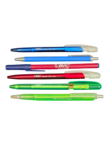 A variety of colorful BIC pens arranged on a white background.