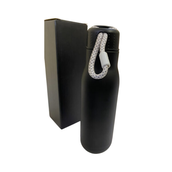 Black water bottle with a rope handle and a black box