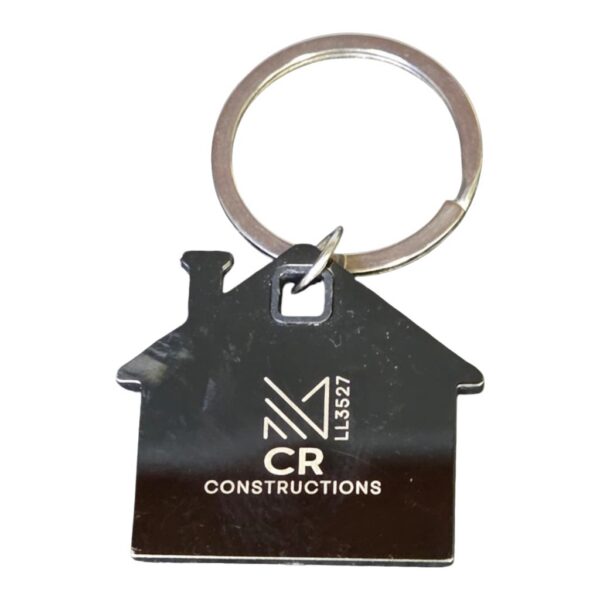 black house-shaped keyring with CR Constructions logo