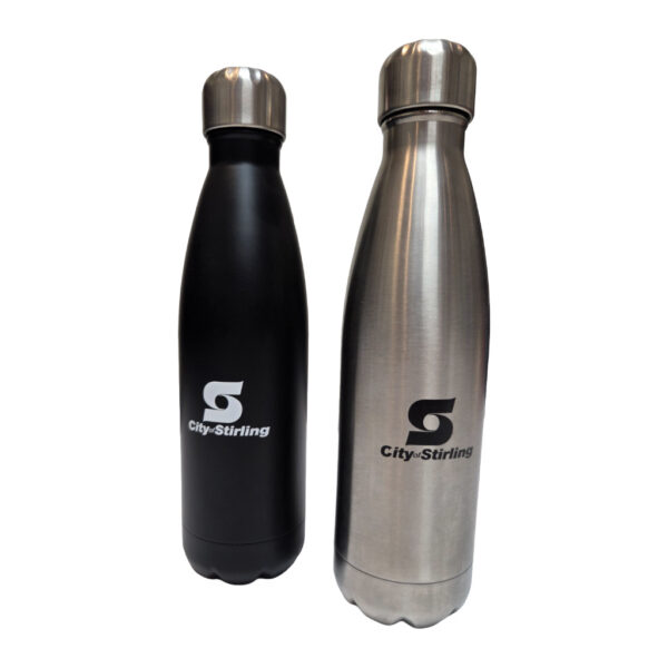 black and grey bottles printed with city of stirling logo