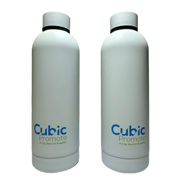 Two white personalised bottles with Cubic Promote logo