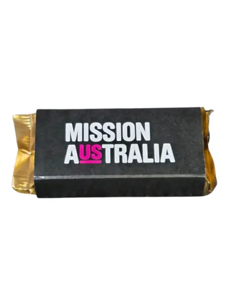 chocolate with label printed with Mission Australia logo