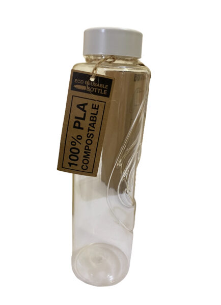Clear drink bottle with white cap and 100% PLA label