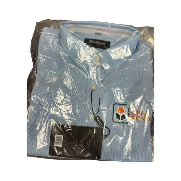Light blue striped shirt in plastic with tags and branded logo