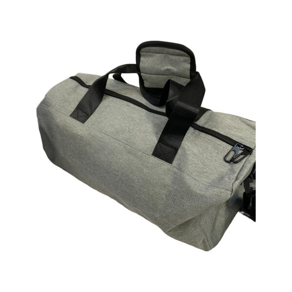 grey duffle bag with black handles