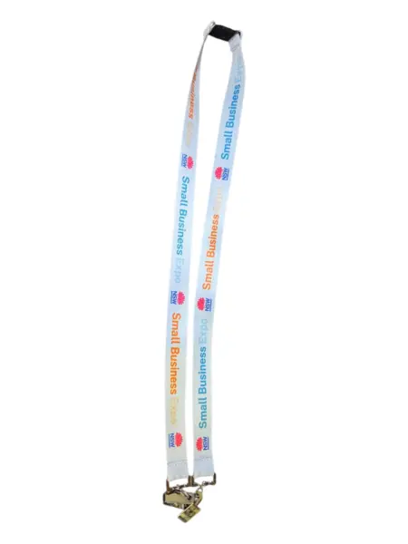 white lanyard with NSW logo print and a metal clip