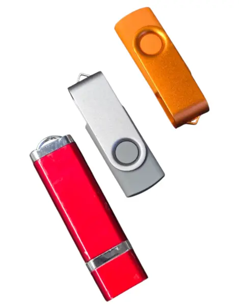 flash drives in orange, red and grey colours