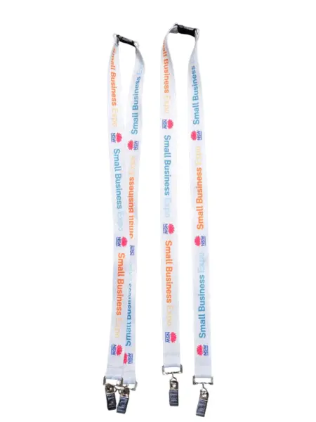 white lanyards with NSW logo prints and metal clip