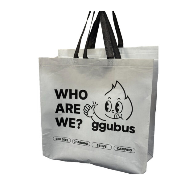 white tote bag with ggubus logo and black handle