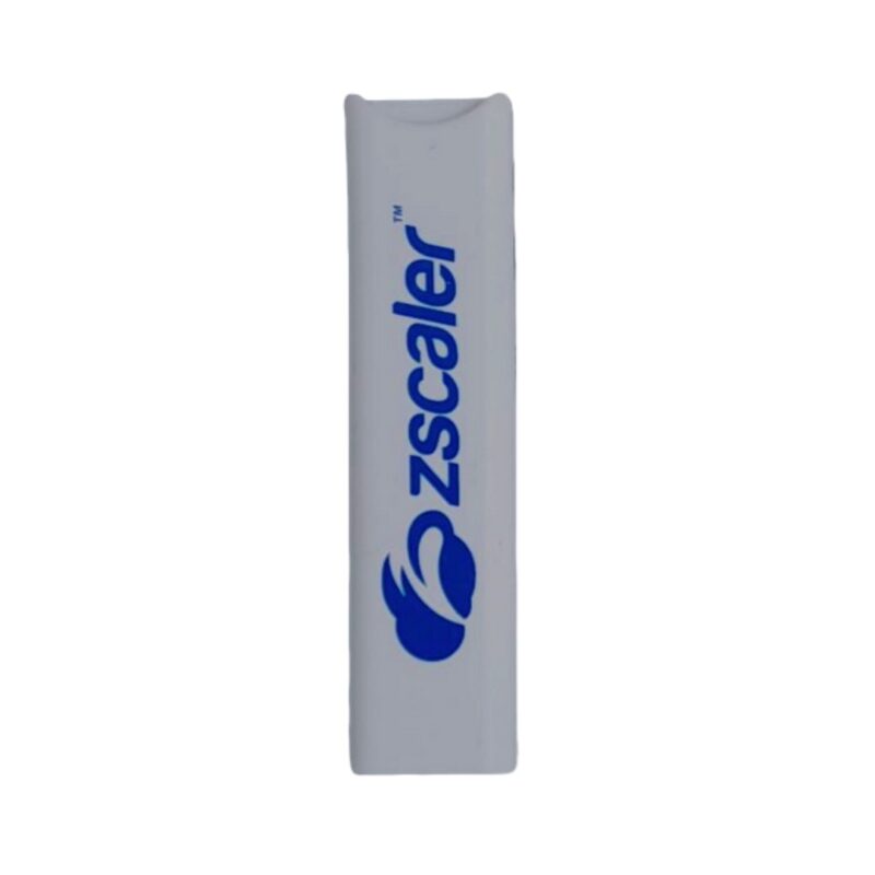 White rectangular item with the blue Zscaler logo and text printed vertically.