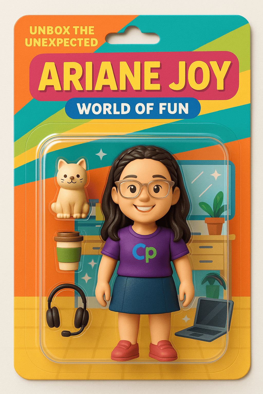 Action figure-style toy of Ariane Joy packaged in a colorful box labeled 'Unbox the Unexpected β Ariane Joy: World of Fun'. Includes accessories like a coffee cup, headset, laptop, cat figure, and desk background. Ariane wears glasses, a purple Cp shirt, blue skirt, and red shoes