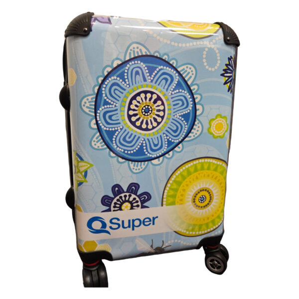A suitcase with blue, green, and yellow floral patterns