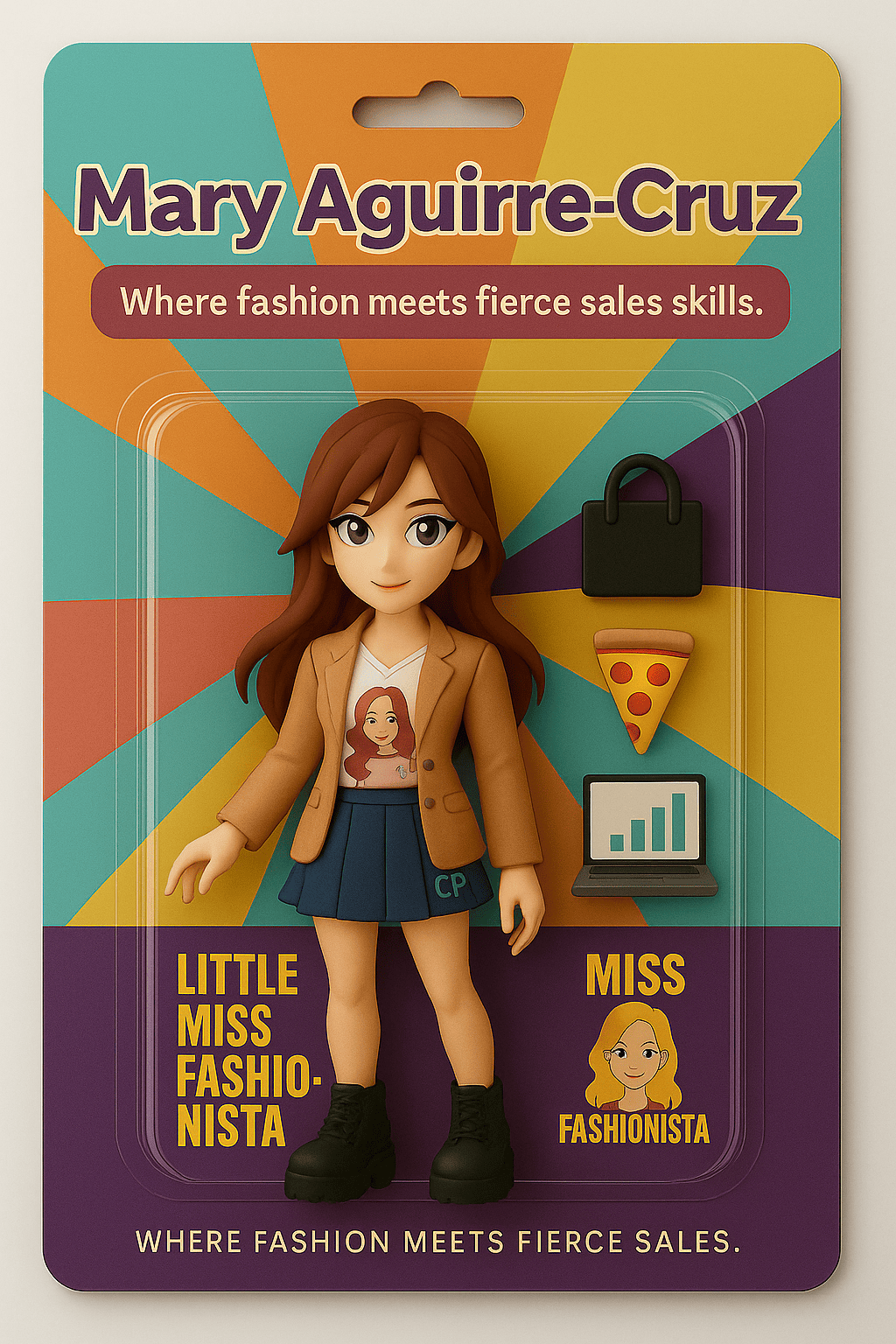Branded merchandise in Brisbane: A fashion-themed Mary Aguirre-Cruz toy with stylish accessories.