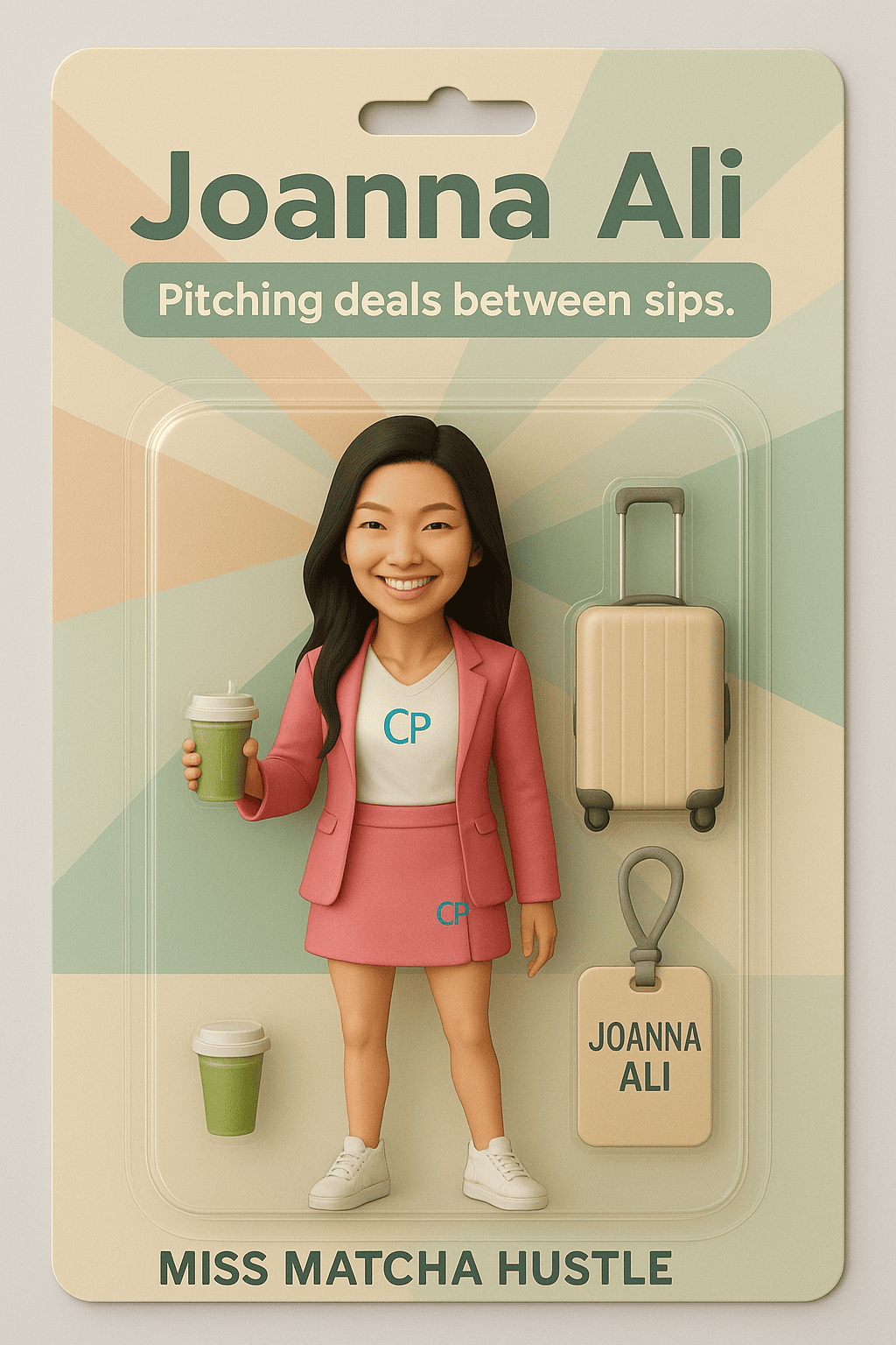 A businesswoman doll with coffee, suitcase, and name tagβgreat promotional products in Perth.