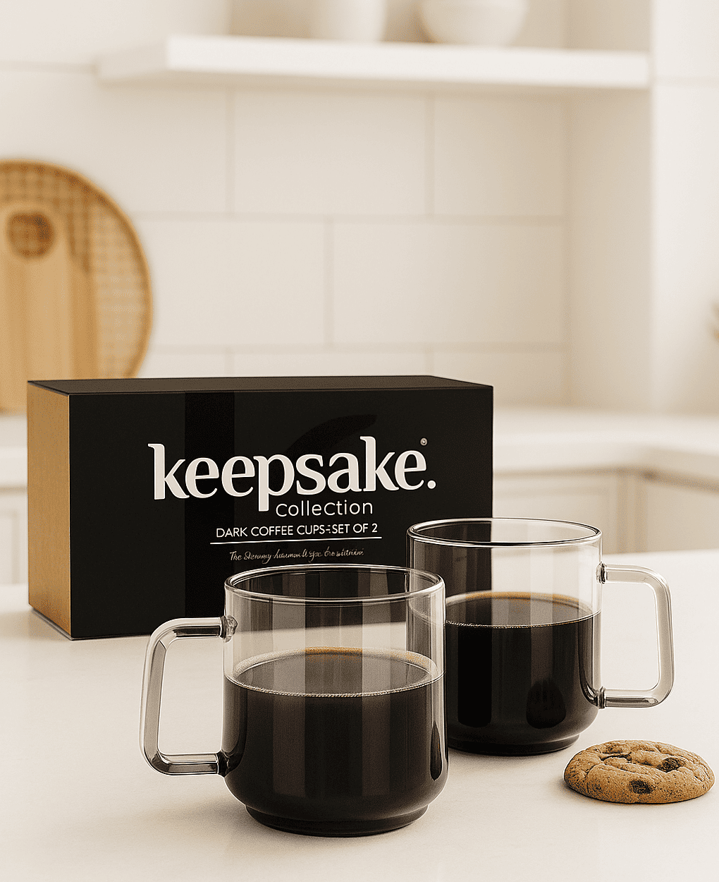 Two glass mugs of coffee and a cookie on a counter with a keepsake promotional mug box.