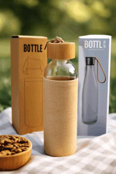 A glass water bottle with a tan sleeve