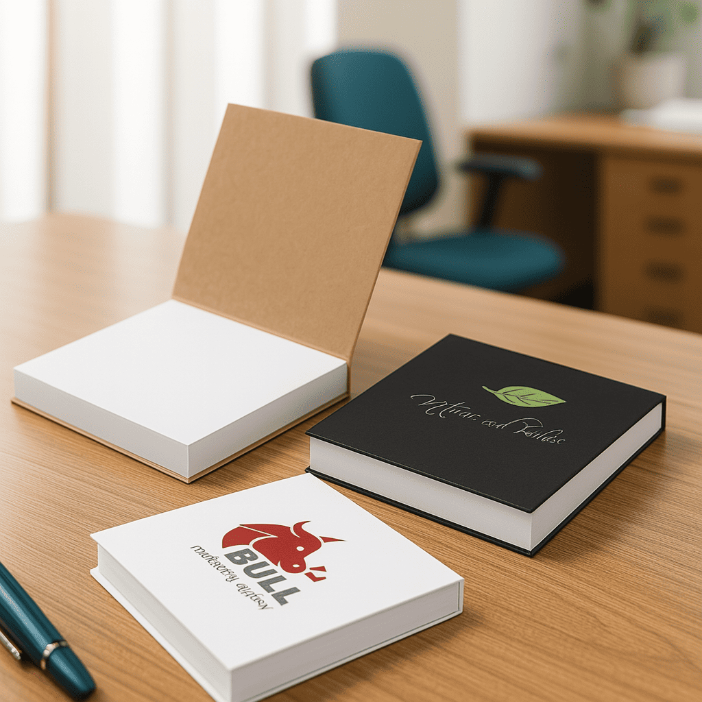 Three branded notebooks and custom sticky notes on a wooden desk, one notebook opened.