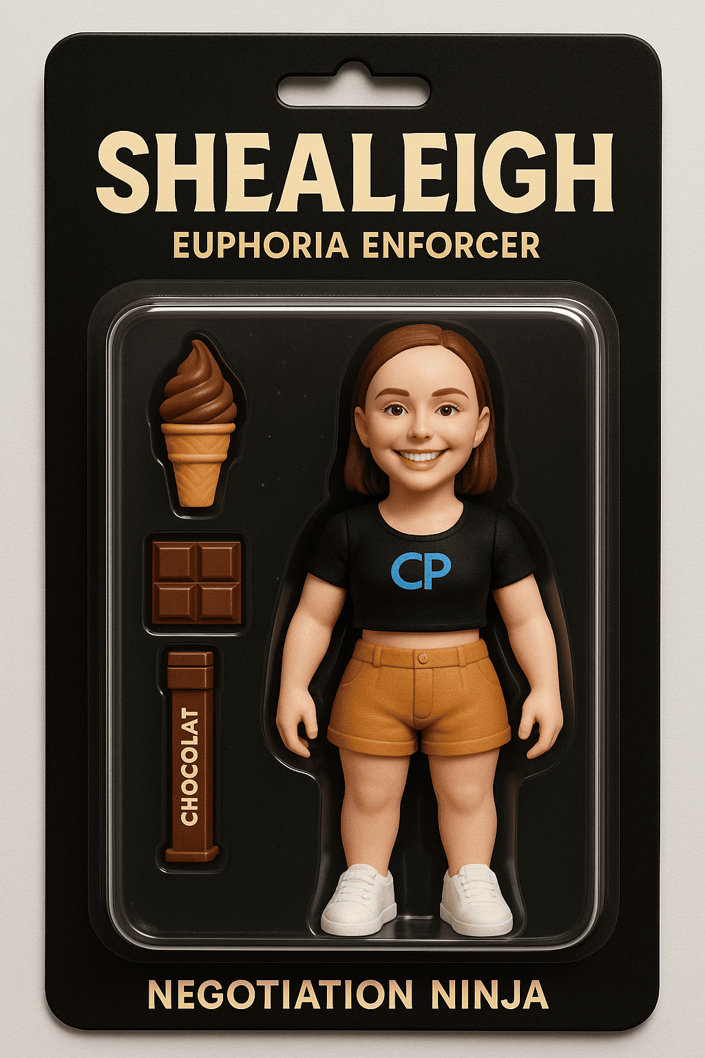 Toy figure of a smiling girl with chocolates, ice cream—Shealeigh, Euphoria Enforcer. Promotional products Canberra.