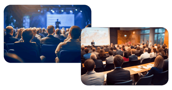 Two conference rooms filled with people listening to resource speakers on stage.