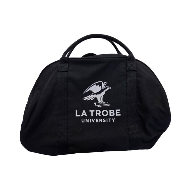 Black duffel bag with La Trobe University logo