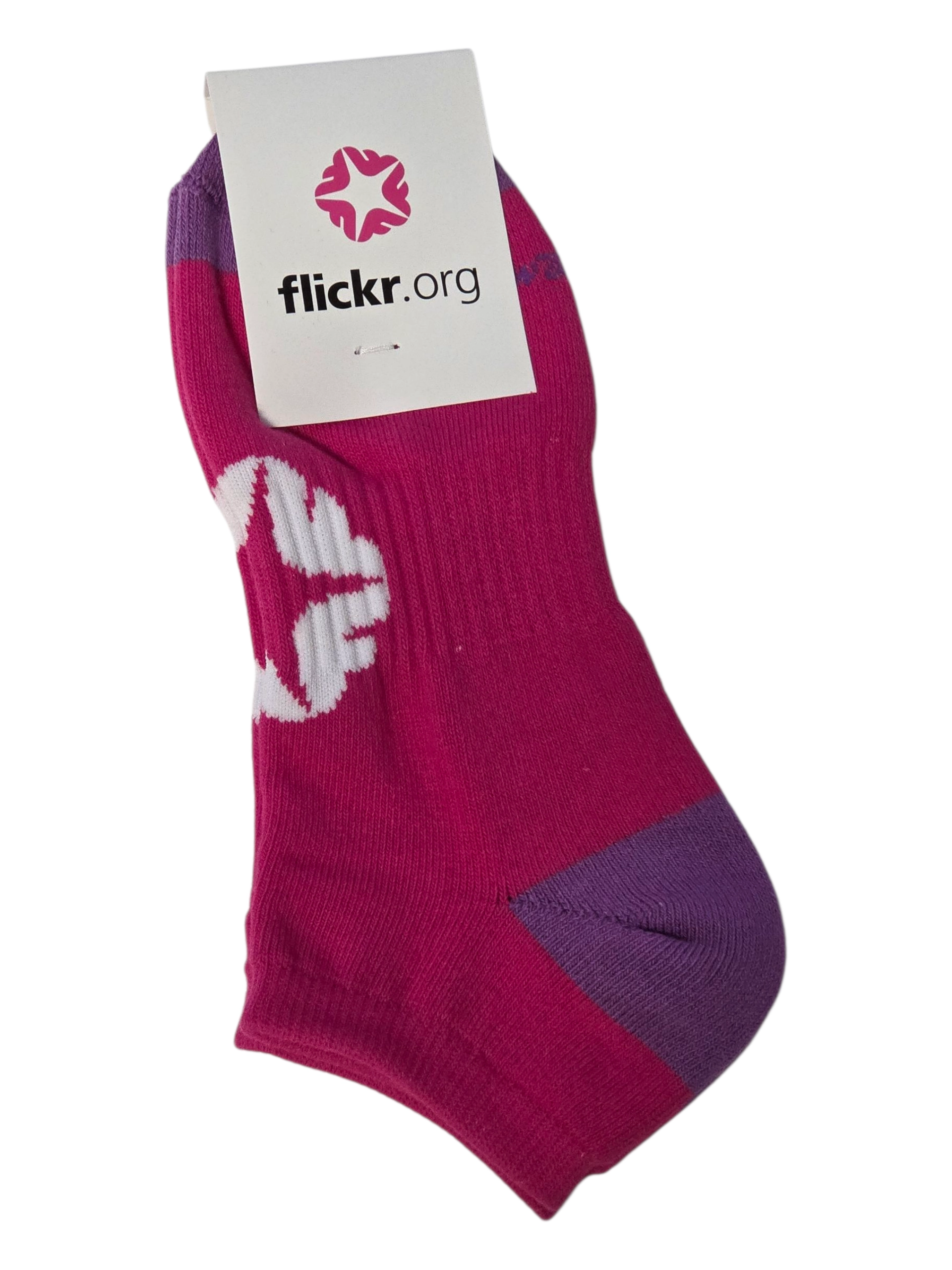 Pink and purple socks with a white logo—one of May 2025s best-selling promotional products.