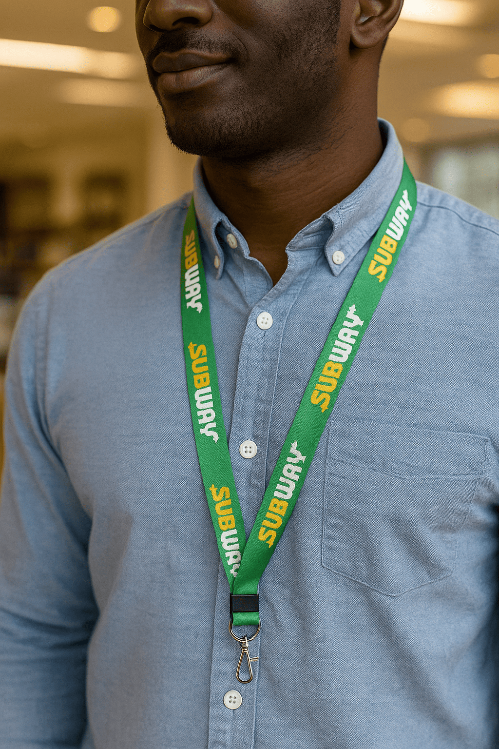 Man wearing a blue shirt and green lanyard—simple branded gift ideas like SUBWAY merch stand out.