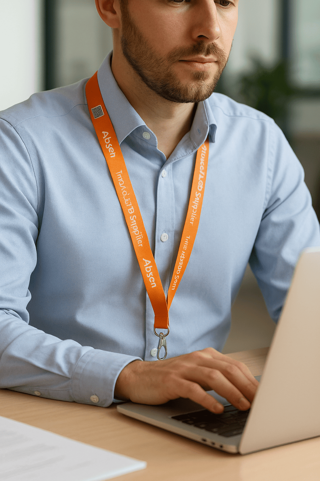 Man in a blue shirt typing on a laptop, wearing custom lanyards labeled Absen.