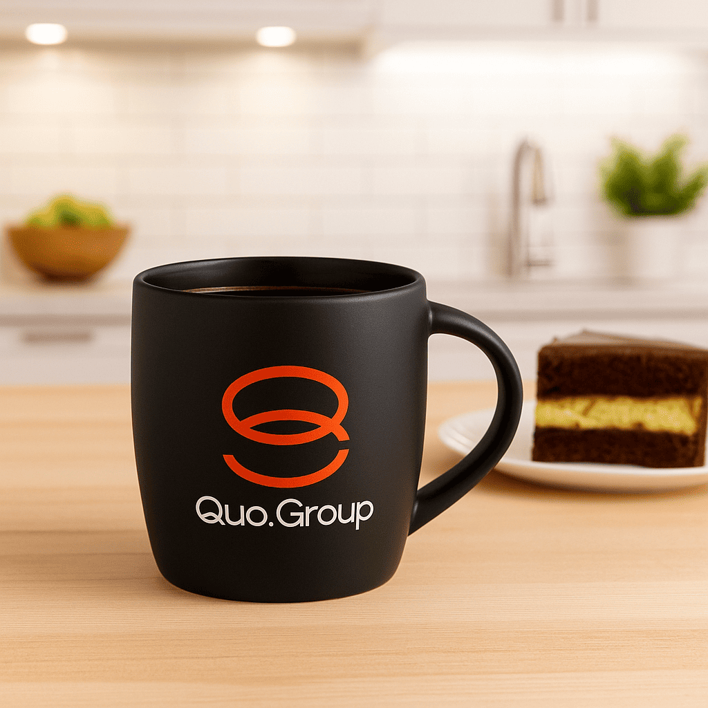 Black mug with Quo.Group logo—simple branded gift idea, cake slice on plate behind.