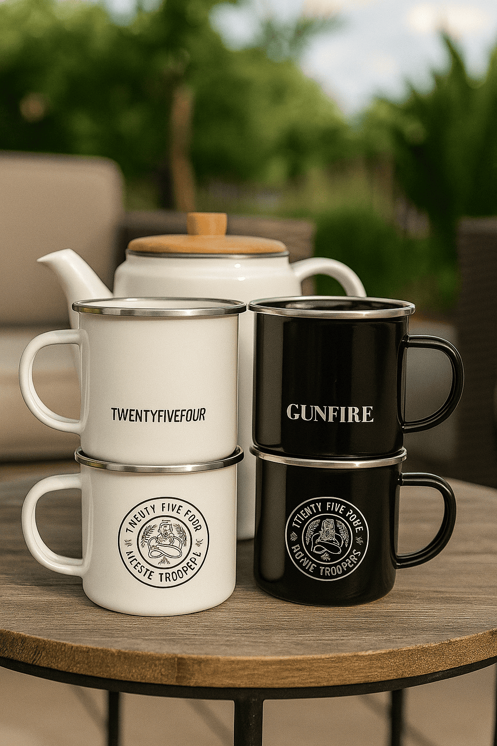Four mugs, two white and two black, make simple branded gift ideas for outdoor gatherings.