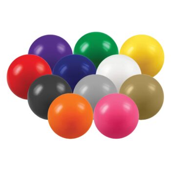 Ten colorful stress balls clustered together on a white background.