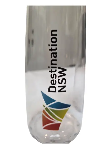 Clear water bottle with Destination NSW text and a colorful geometric logo below.