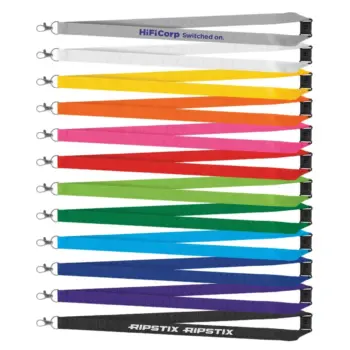 Twelve colorful branded lanyards in a row, each with a metal clip and black plastic buckle.