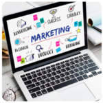 Laptop displaying marketing concepts like business goals, success, strategy, research, and branding.