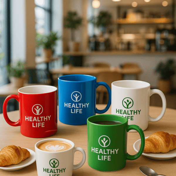 Four colorful branded corporate gift mugs labeled Healthy Life with coffee and croissants on a café table.