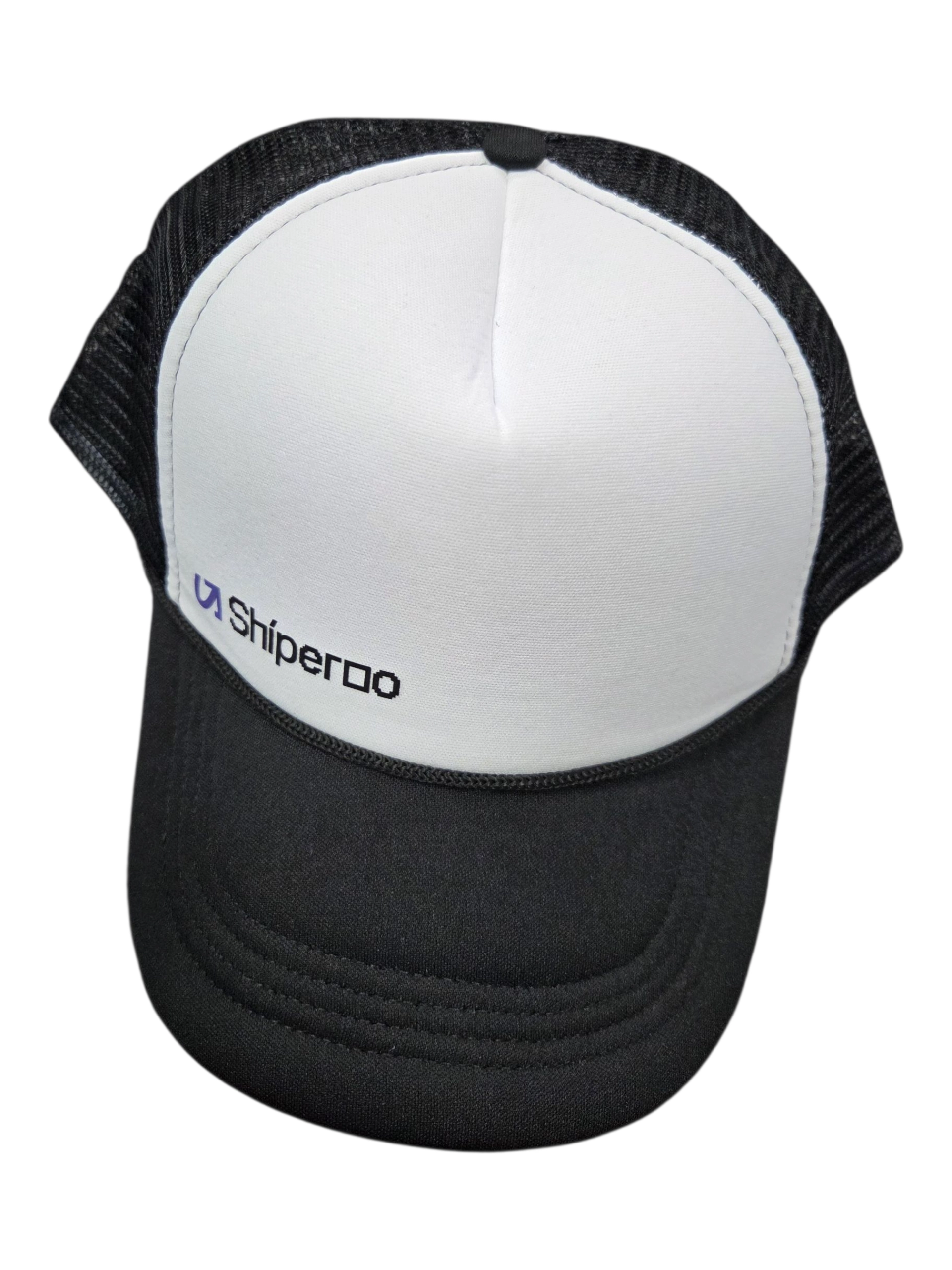 Black and white trucker hat with Shiperoo logo, perfect for conference items.