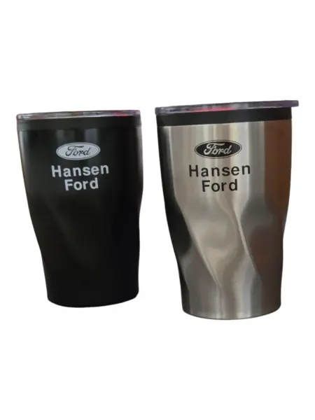 black and silver travel mugs with lid and Ford's logo