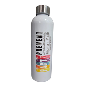 White aluminium bottle with colorful PREVENT Alcohol and Risk-Related Trauma in Youth text.