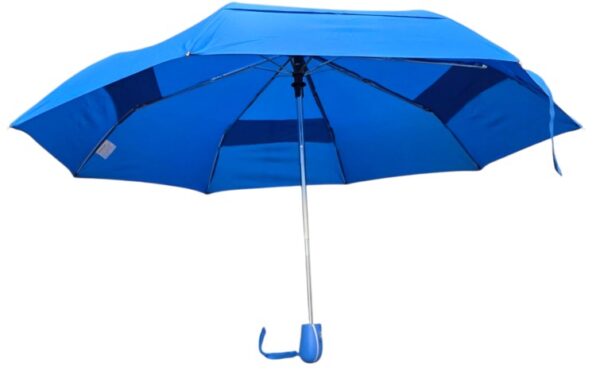 A fully opened blue corporate umbrella with a curved handle, isolated on a white background.