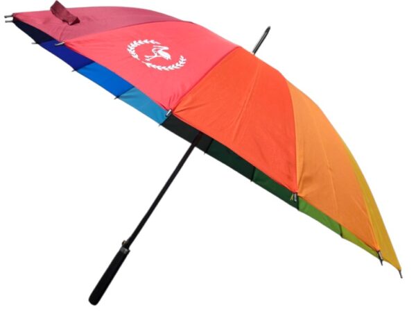 Large rainbow umbrella, ideal for corporate use, with laurel and bird logo on red panel.