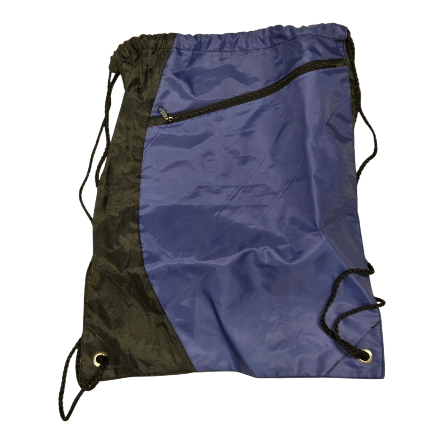 A blue and black drawstring bag with a zippered front pocket, perfect for drawstring bags fans.