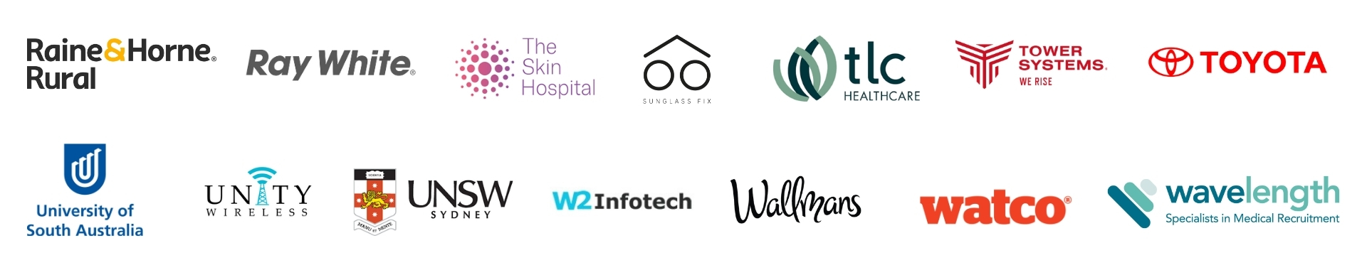 A row of 14 company and university logos, including Toyota, UNSW, and Ray White.