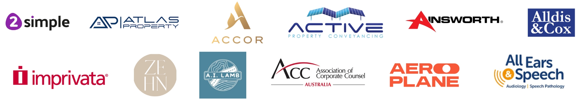 A row of assorted company logos in various colors and styles on a white background.