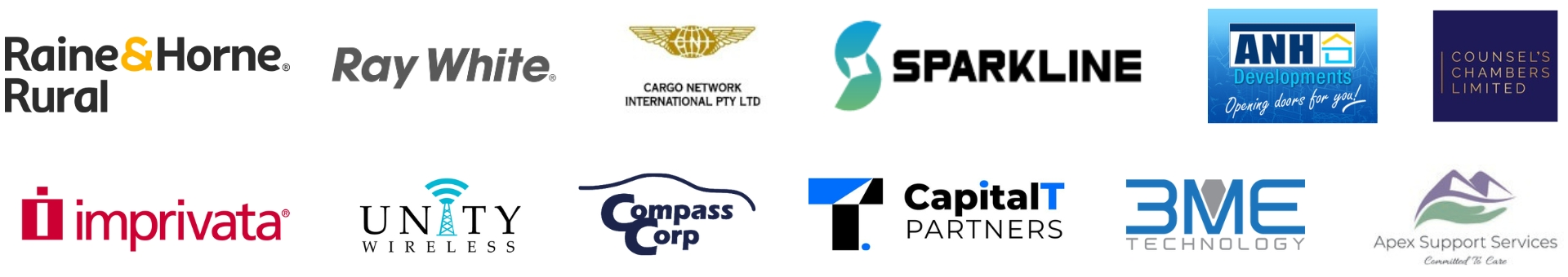 A collection of 13 business logos in two rows on a white background.