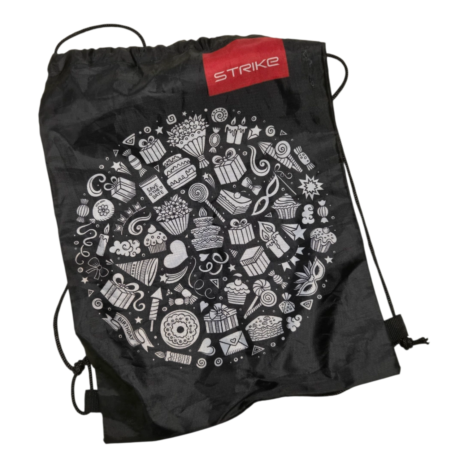 Black drawstring bags featuring white doodles and a bold red STRIKE label in the top corner.