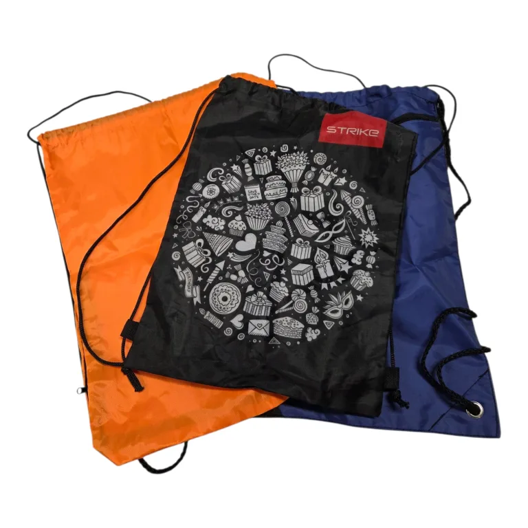 Three colorful drawstring bags: orange, blue, and black with a white patterned design.