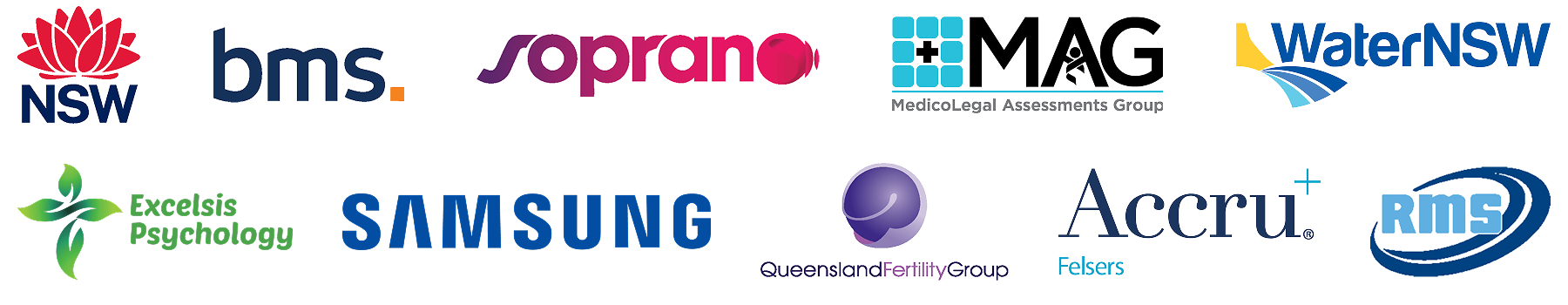 A collection of ten corporate logos, including NSW, Samsung, WaterNSW, and others.