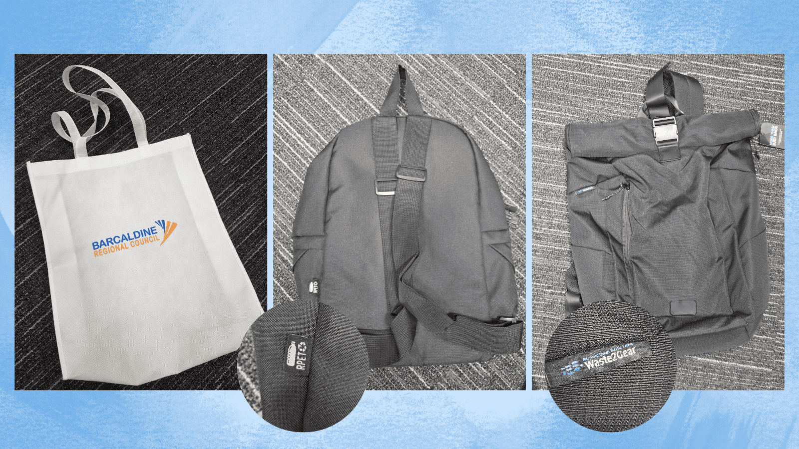 Three bags on carpet: greener merch includes a white tote, black backpack, and roll-top bag.