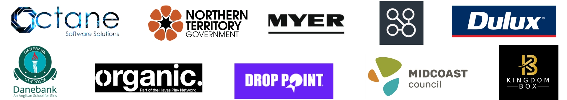A collage of ten different business and organizational logos in various colors and styles.