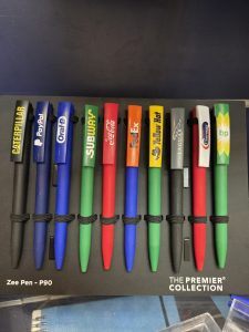 promotional pens with different logos.